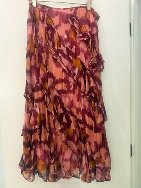 Anthropologie Pink and Burgundy Ruffle Maxi Skirt with Mustard Accents